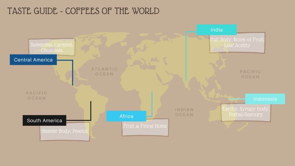 coffee origins taste map infographic American coffee, african, indonesian, indian coffee